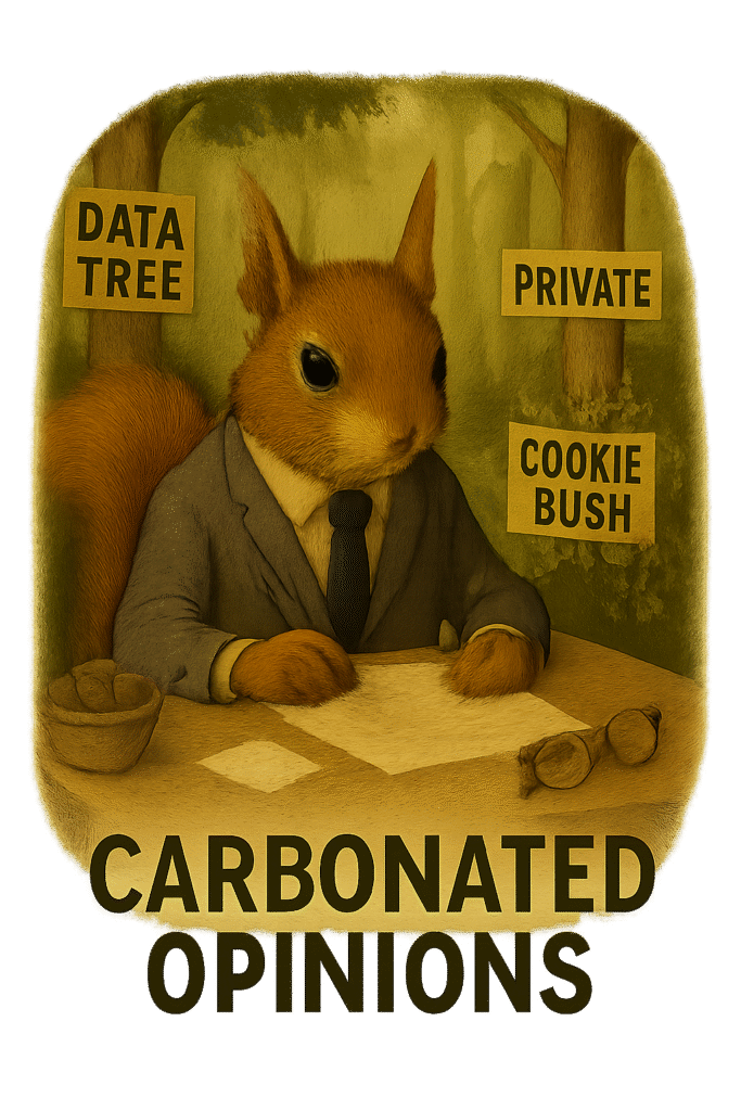 Serious squirrel in a suit reviewing privacy documents at a forest desk, surrounded by humorous data-themed signs.