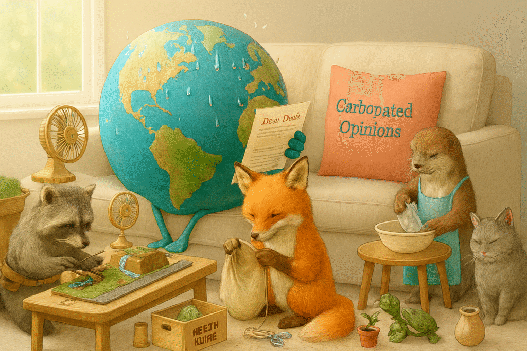 Dear Earth: Sorry for the Inconvenience Photorealistic illustration of Earth as a sweating globe reading a letter titled “Dear Earth” while seated on a cozy armchair, surrounded by animals performing small eco-friendly repairs in a sunlit living room. Includes a fan, a coral pillow embroidered with “Carbonated Opinions,” and symbolic props like a miniature dam, cloth bag, and sapling.