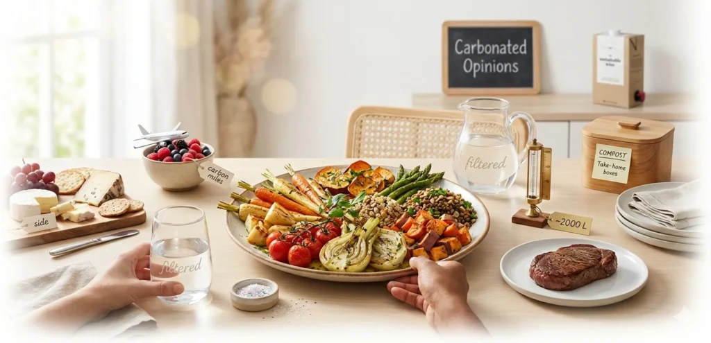 A bright, photorealistic dinner table scene featuring a large roasted vegetable platter, a small steak with a 2000L water gauge label, a bowl of berries with a toy airplane, and "microplastic" glitter, arranged as a satirical commentary on environmental footprints.