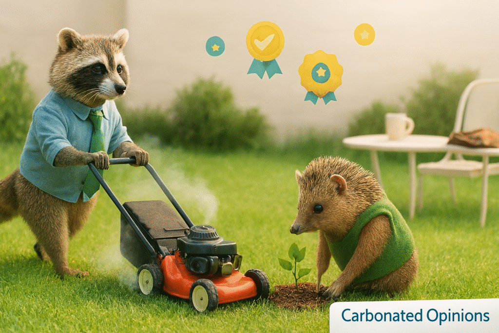 Carbon Offsets: The Adult Version of ‘I Clean My Room Later’ Photorealistic image of a raccoon in a green tie mowing a suburban lawn with a gas-powered mower emitting smoke, while a hedgehog in a green vest plants a tiny sapling nearby. Floating eco-badges hover above them, and a tipped coffee mug and boarding pass sit on a patio table in the background. The blog name “Carbonated Opinions” appears discreetly in the bottom-right corner.