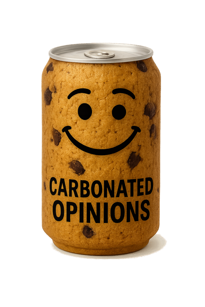 Soda can with cookie texture and a smiling face, labeled “Carbonated Opinions” on a white background.