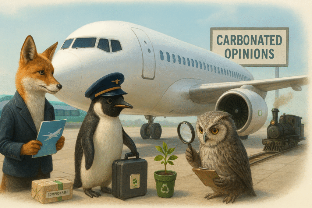 How to Spot Eco-Fantasies Like ‘Green’ Airlines A photorealistic satirical airport scene featuring a glossy jet with a tiny green sticker, a fox in a blazer holding a brochure, a penguin pilot with a recycled suitcase, and a skeptical owl inspecting the engine. Props like compostable cutlery and a potted sapling suggest theatrical greenwashing, while a sleek train and old steam engine contrast real and token solutions. The blog name “Carbonated Opinions” appears once on a sign.