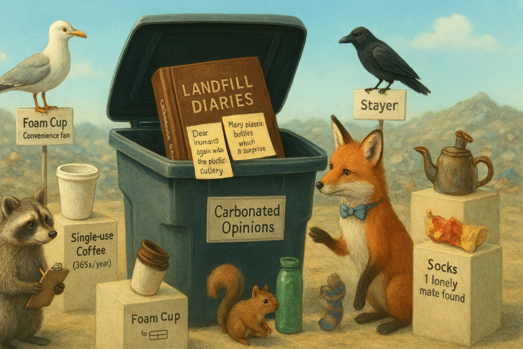Photorealistic illustration of a landfill-themed museum exhibit with animals inspecting curated trash items. A raccoon, fox, crow, and squirrel examine labeled displays like a single-use coffee cup and mismatched sock. A diary titled “Carbonated Opinions” peeks from a refuse bin, featuring witty handwritten notes.