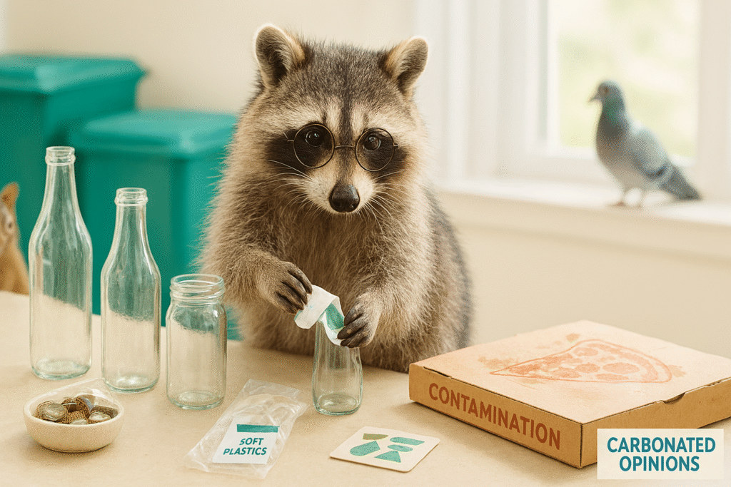 Recyclopath Exposed: When Eco-Guilt Becomes an Obsession Photorealistic image of a raccoon wearing glasses and a PhD pin, meticulously peeling a label from a glass bottle on a bright kitchen counter, surrounded by neatly lined jars, a dish of bottle caps, and a greasy pizza box marked “contamination”; the blog name “Carbonated Opinions” appears on a ceramic jar.