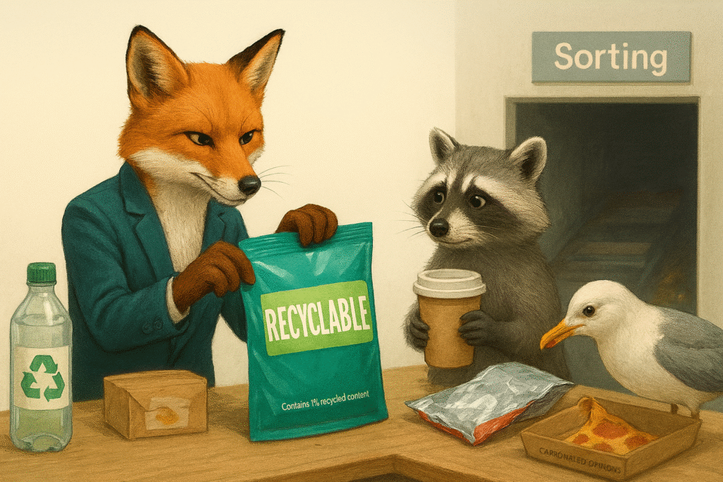 The Recyclable Lie: Packaging Edition A fox in a blazer applies a “RECYCLABLE” sticker to a glossy pouch while a raccoon and gull inspect misleading packaging at a sorting table. Subtle landfill hint in background.