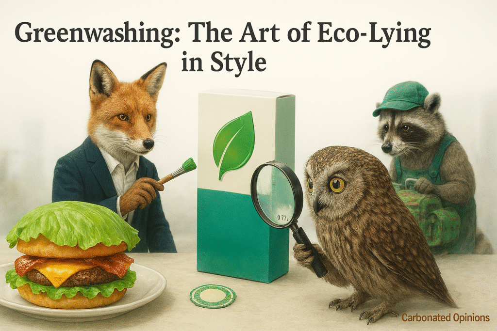 Photorealistic satirical scene showing a glossy eco-branded product, a lettuce-covered bacon cheeseburger, a wise owl inspecting fine print, and a fox painting a green logo — critiquing greenwashing with wit and clarity.