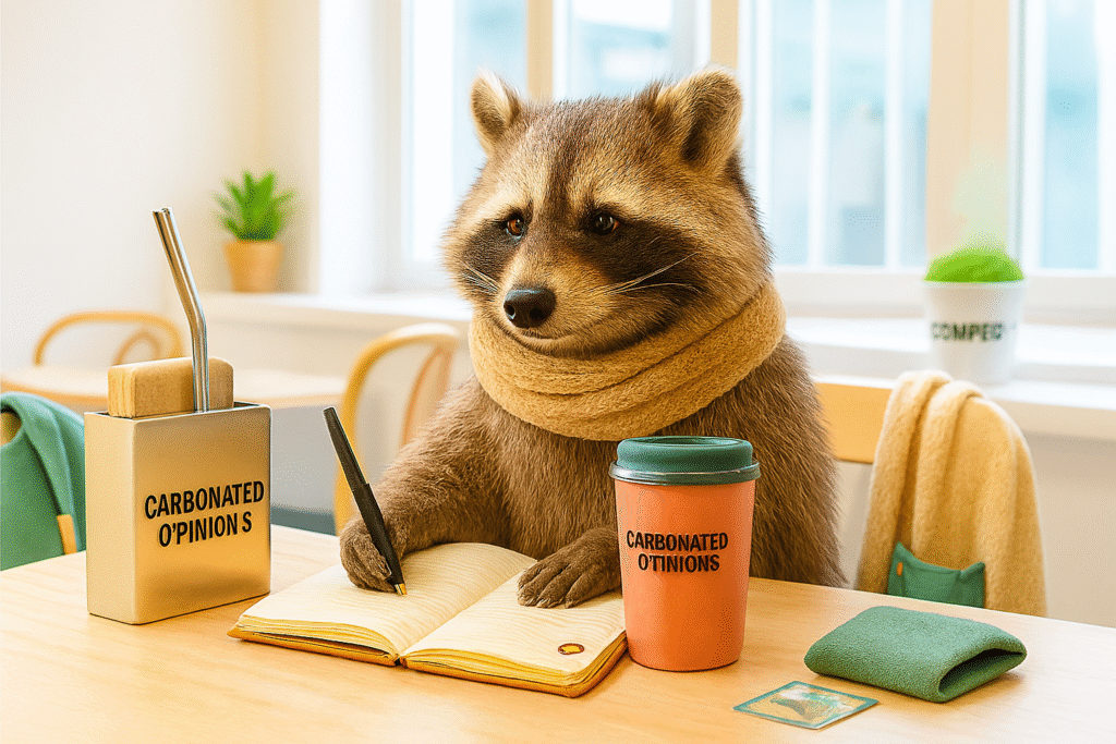 Living Green in a World That’s Beige Photoreal raccoon writing in a diary at a bright café table with a reusable cup, metal straw, and compost bin — a witty scene about sustainable living in a beige world.