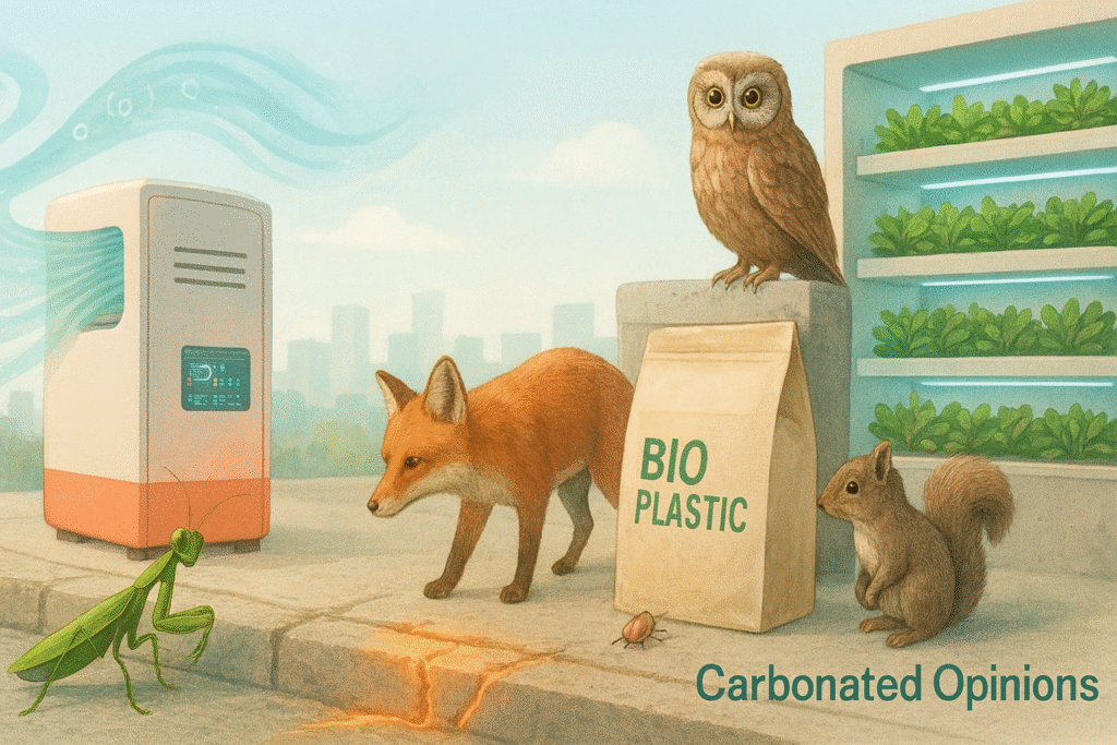 Photorealistic rooftop scene showing witty vignettes of futuristic green tech: a direct-air-capture unit pulling CO₂ from the skyline, self-healing concrete inspected by a fox, a bioplastic package subtly decomposing with help from a beetle, and a vertical farm admired by a squirrel and owl. Bright, airy colours and natural lighting evoke a smart, satirical tone. Text reads “Carbonated Opinions.”