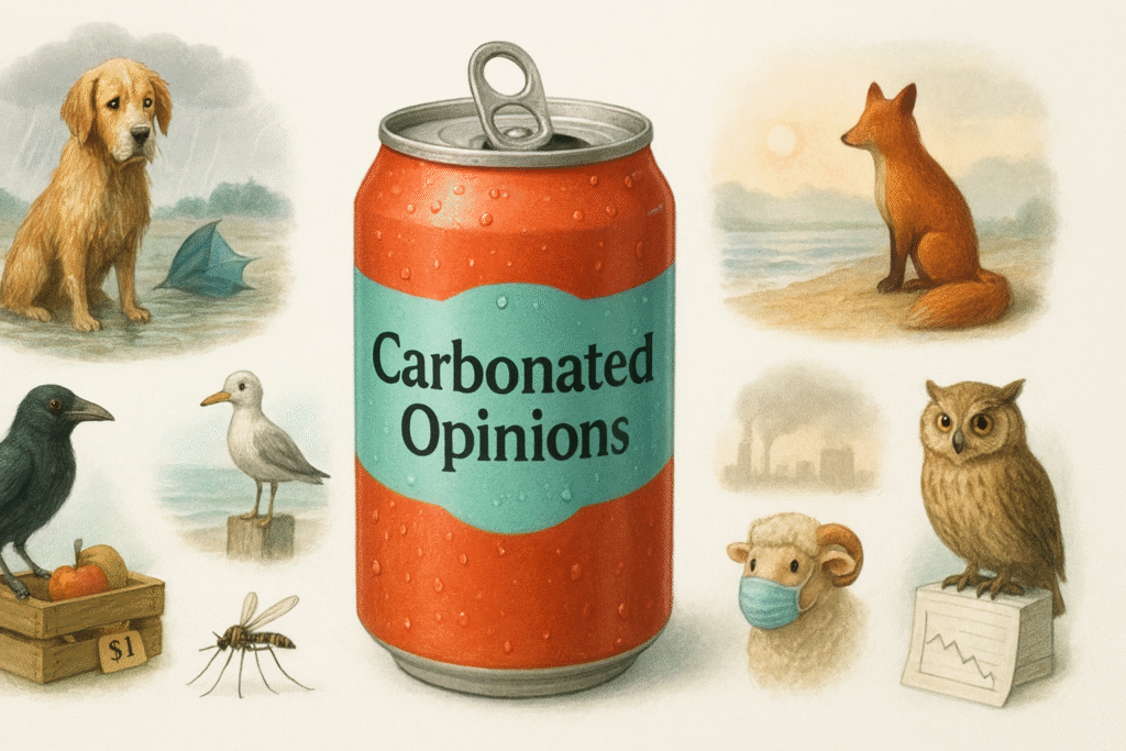 Witty editorial illustration blending satire and environmental commentary, styled for web publishing
