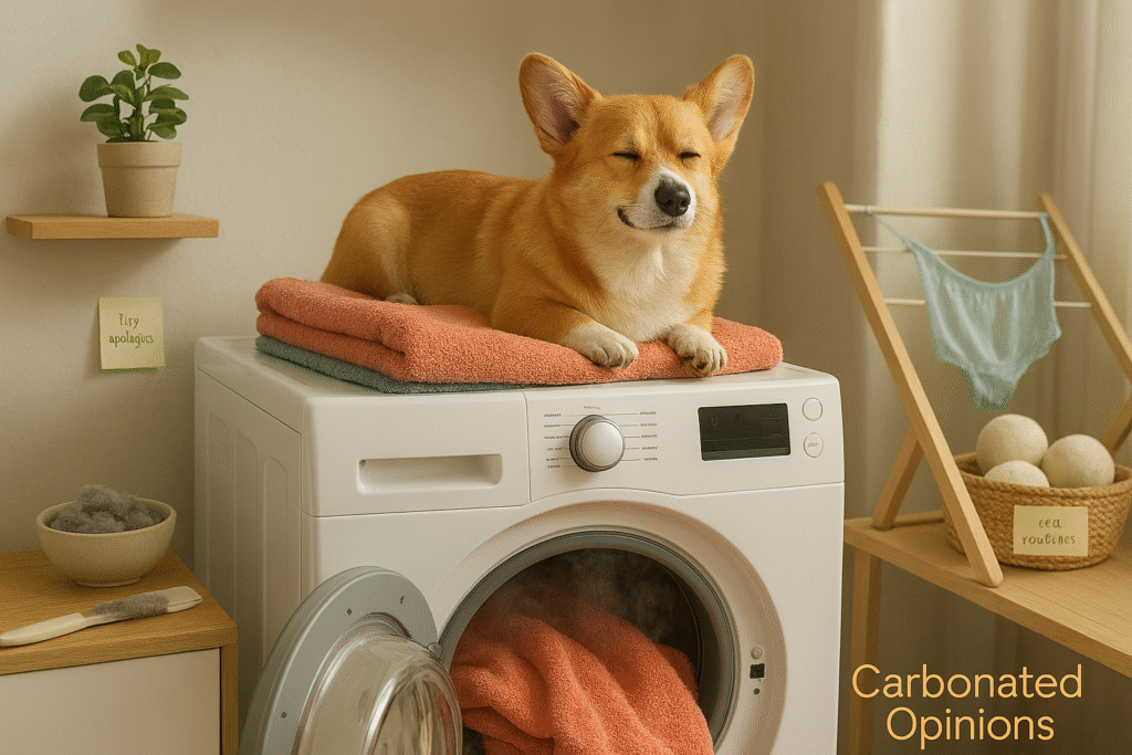 A relaxed corgi sits atop a front-loading dryer in a cozy apartment laundry nook, savoring a warm coral towel. Nearby, a lint jar, eco-friendly dryer balls, and a drying rack hint at sustainable routines. The scene is bright, photorealistic, and subtly humorous.