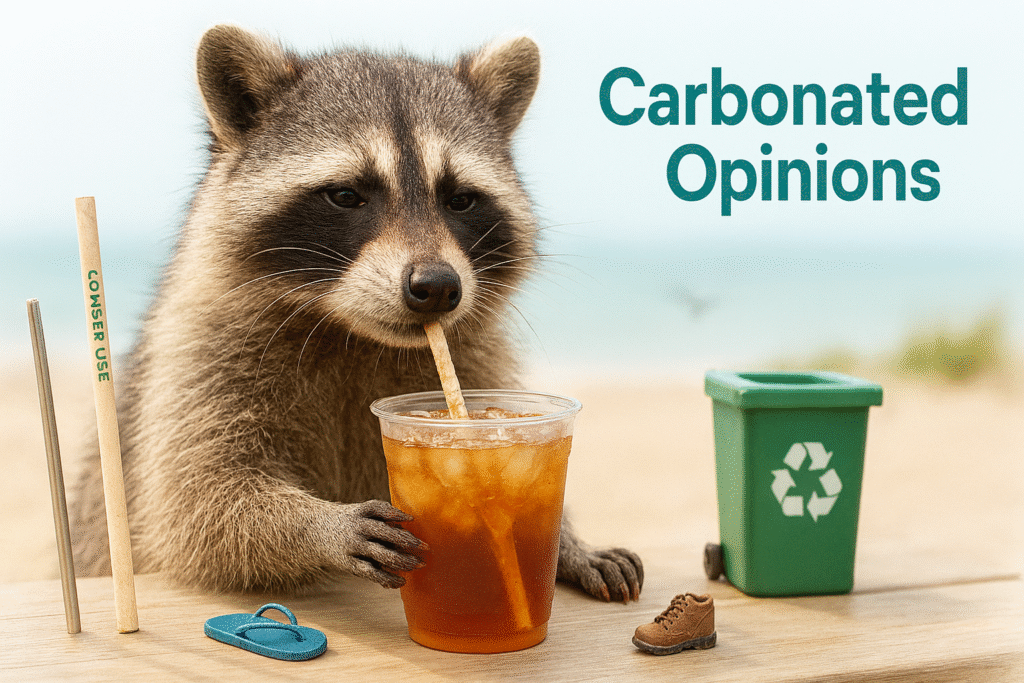The Truth About Paper Straws and Wet Regret Photorealistic raccoon at a beachside café table sipping iced coffee through a soggy paper straw, with a wry expression. Stainless and thick paper straws sit nearby, hinting at trade-offs. Compost bin, shoreline, and tiny footwear props subtly enrich the scene.paper straw.png