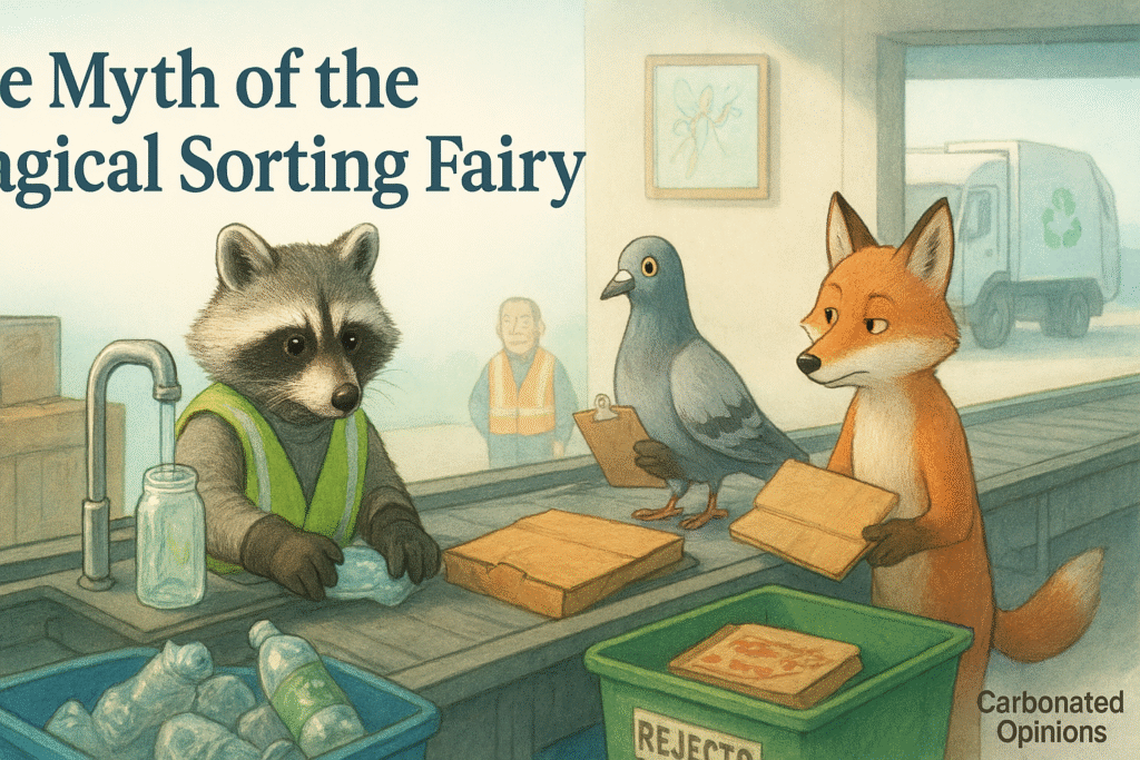 A raccoon in a safety vest sorts recycling on a conveyor belt with a fox and pigeon in a photorealistic facility, gently mocking the myth of a magical sorting fairy.