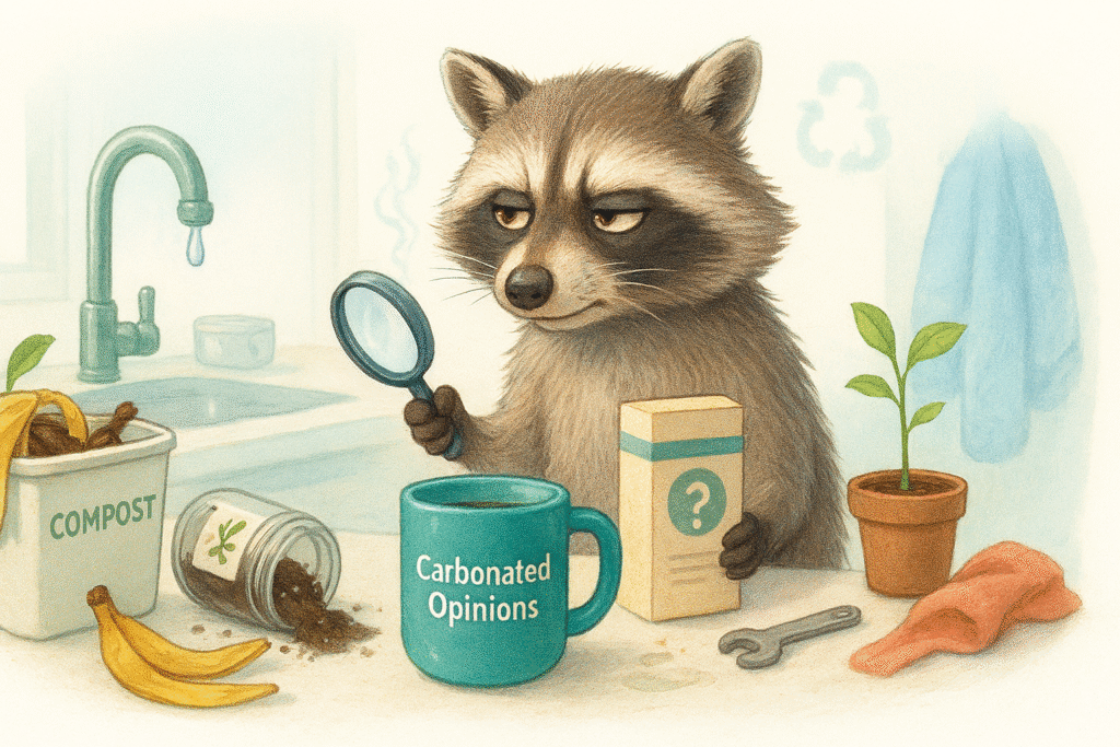 Skeptical raccoon in cozy kitchen with reusable mug labeled Carbonated Opinions, compost chaos, and eco-humor props