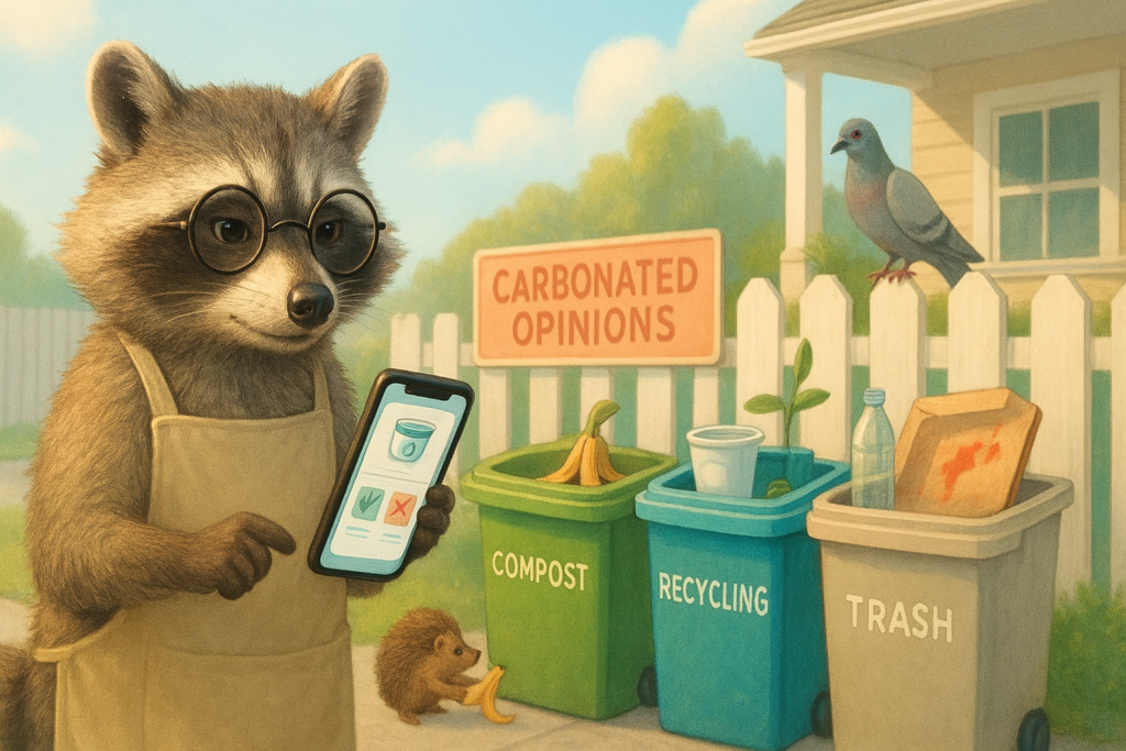 Photorealistic raccoon sorting waste with smartphone in suburban driveway, witty satire on trash obsession
