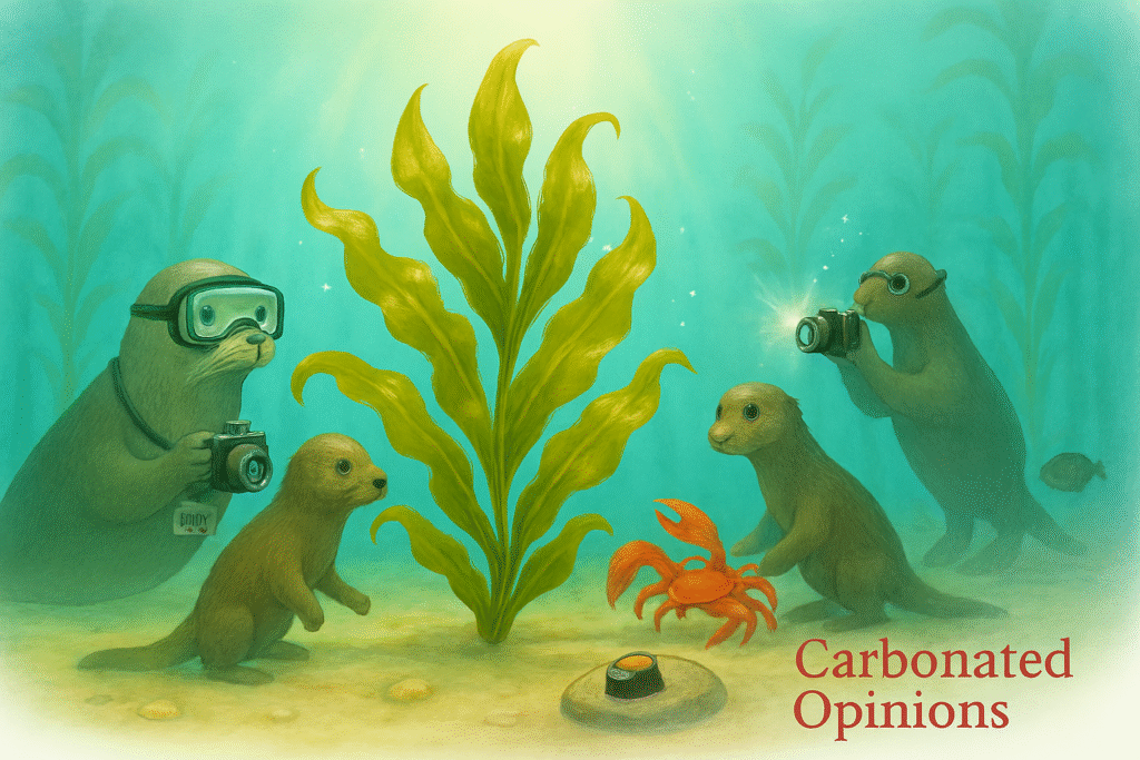 Photorealistic underwater scene featuring elegant kelp posed like a celebrity, with seals and otters acting as paparazzi and stylists, set in a luminous kelp forest. Includes the blog name Carbonated Opinions.