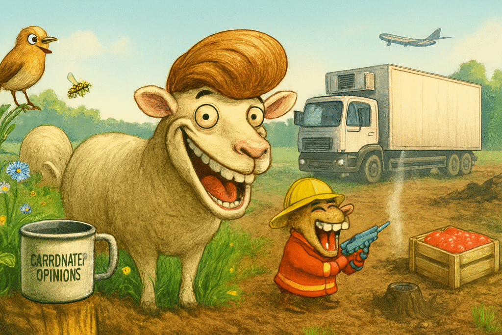 Organic Illusion Exposed: Why It’s Not Planet-Saving Photorealistic satirical scene showing a smug sheep with a toupee, a monocled goat, and a hedgehog firefighter on a tricycle spraying a smouldering stump—juxtaposing organic farming’s charm with its climate blind spots.