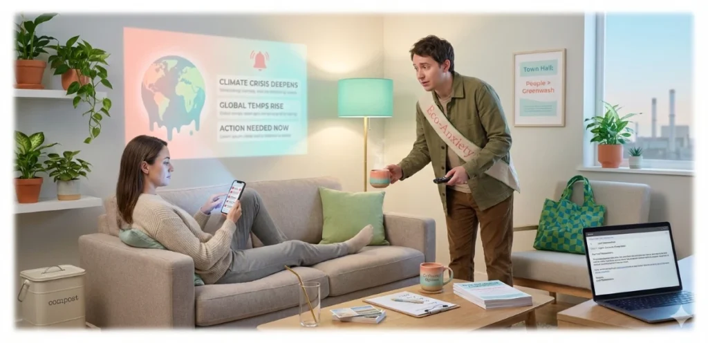 A photorealistic satirical scene in a modern living room at 2 a.m. A weary woman sits on a sofa doomscrolling on her phone while a polite man wearing an 'Eco-Anxiety' sash offers her tea. A projector in the background displays soft-glowing climate headlines and a melting earth, while the coffee table holds a compost bin and flyers for local activism.