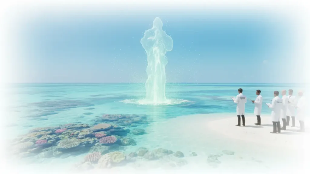 A pristine coral reef lagoon under a bright sky, where a majestic, luminous column of water erupts in an ethereal green-blue, suggesting a vast underwater explosion. On a nearby sandy shore, a small group of non-identifiable figures in white lab coats observe this spectacle with clipboards. The text 'Carbonated Opinions' is visible, capturing the satirical absurdity of historical nuclear tests at Bikini Atoll.