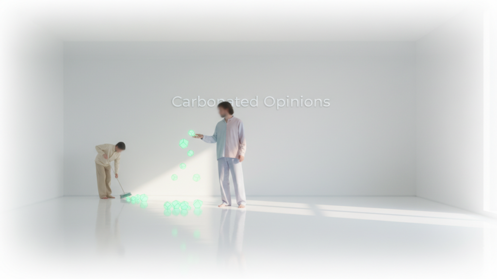 A minimalist, bright white room with a person casually scattering luminous green geometric shapes across the clean floor. In the background, a smaller figure delicately sweeps a few of these shapes into a dustpan. The words "Carbonated Opinions" are subtly displayed on the wall.
