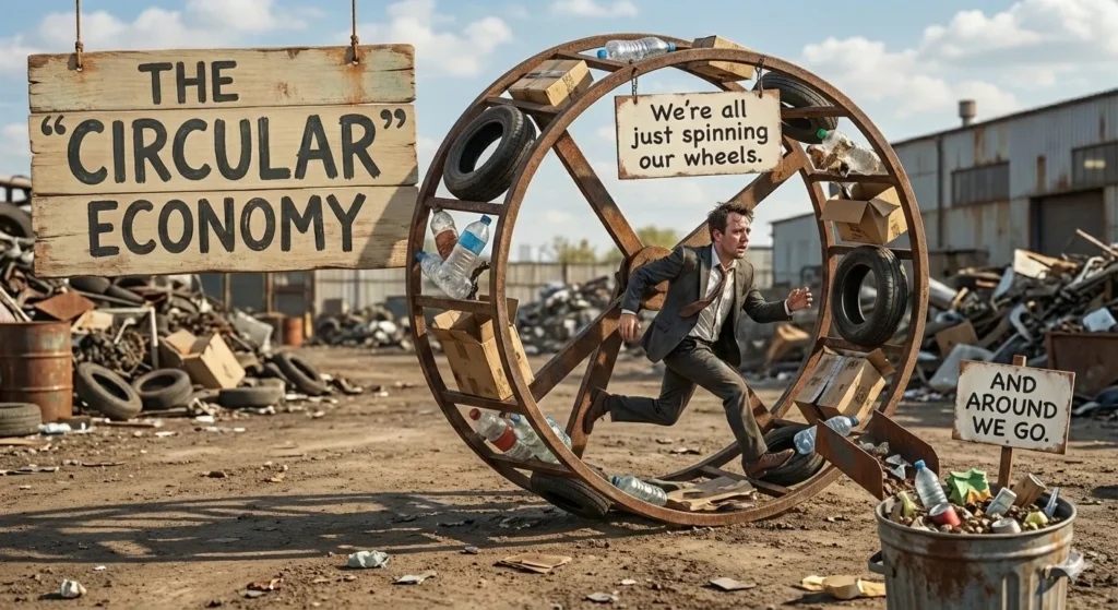 A photorealistic, high-key image of a man sized hamster wheel of consumerism. Leading to the messy "reality" side of trash sorting.