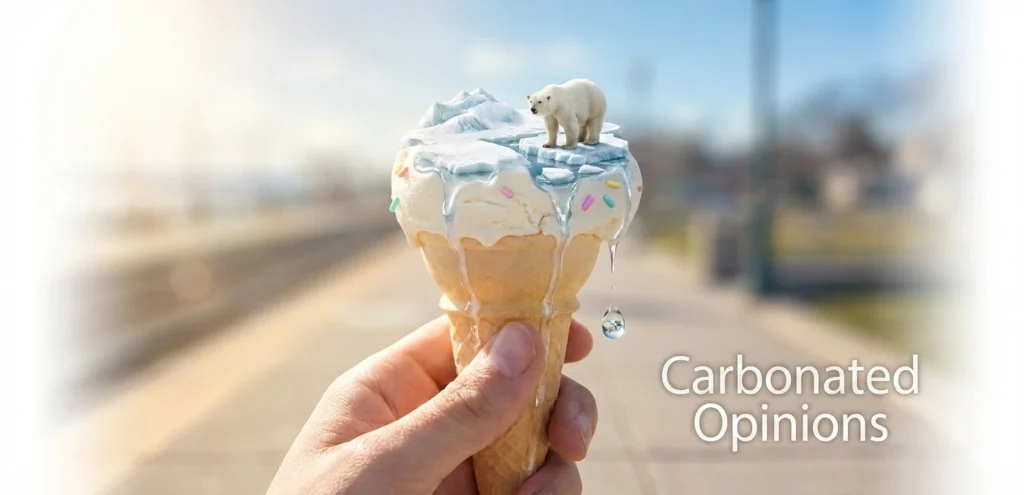 A photorealistic close-up of a hand holding a melting vanilla ice cream cone on a sunlit sidewalk. The scoop is a miniature Arctic landscape with a tiny, realistic polar bear standing on a shrinking ice floe. Meltwater runs down the cone, serving as a visual metaphor for global warming. The text "Carbonated Opinions" appears in the lower right.