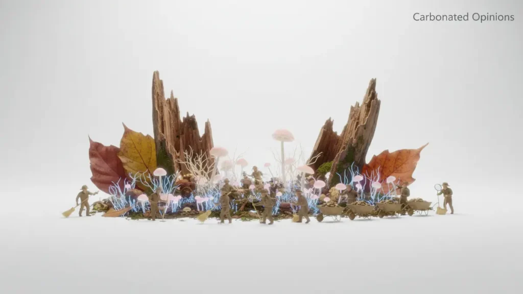 A detailed, photorealistic scene of diverse fungi (mushrooms, mycelium) portrayed as a tiny, serious cleanup crew meticulously processing large decaying wood and leaves. The setting is bright and airy, with a white background and 'Carbonated Opinions' text.