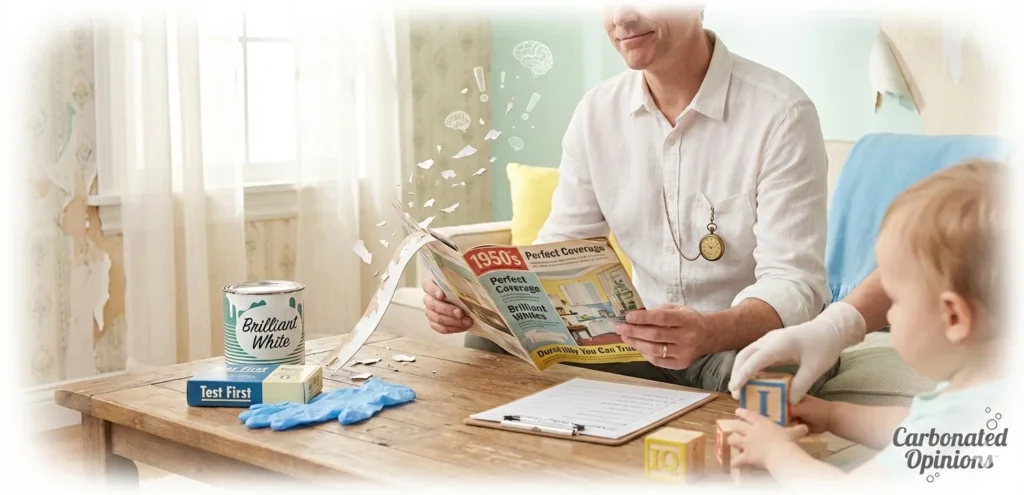 A photorealistic satirical image of a man in a sunlit room reading a vintage magazine about lead paint. On a table sit a lead test kit, protective gloves, and a paint can. A gloved hand shields a toddler’s "IQ" blocks from falling paint chips that subtly transform into tiny brain icons.