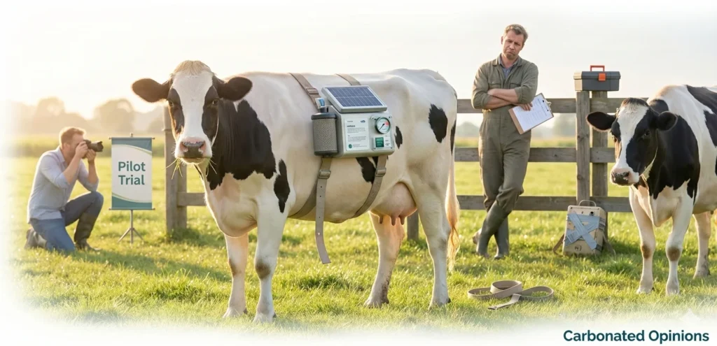 A photorealistic satirical scene of a cow wearing a sleek methane-capture backpack with solar panels during a staged "Pilot Trial" photo shoot, while a skeptical farmer watches from the background.