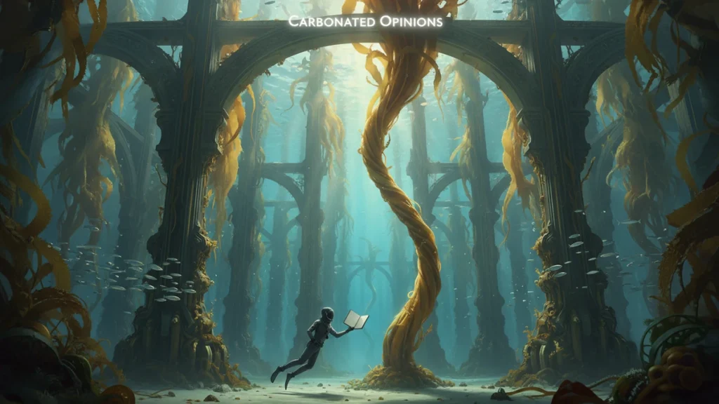 A diver in neutral gear holds an autograph book towards a grand, shimmering kelp frond, resembling a celebrity, within an opulent underwater kelp forest city. Ethereal light permeates the scene.