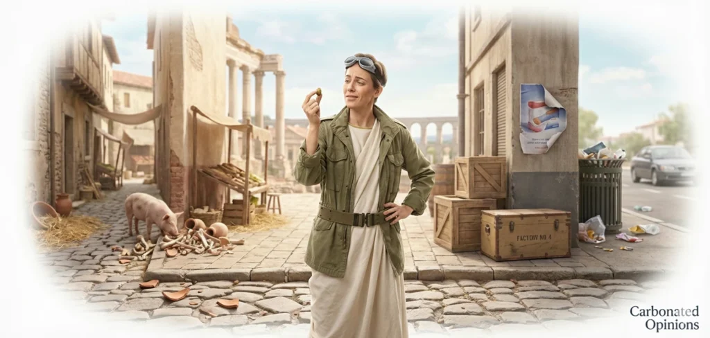 A sarcastic time traveler in a Roman toga and modern field jacket examines an olive pit with exasperation in a Roman forum. The scene transitions from ancient ruins to a modern street with scattered litter, featuring soft feathered white edges and the blog name "Carbonated Opinions.