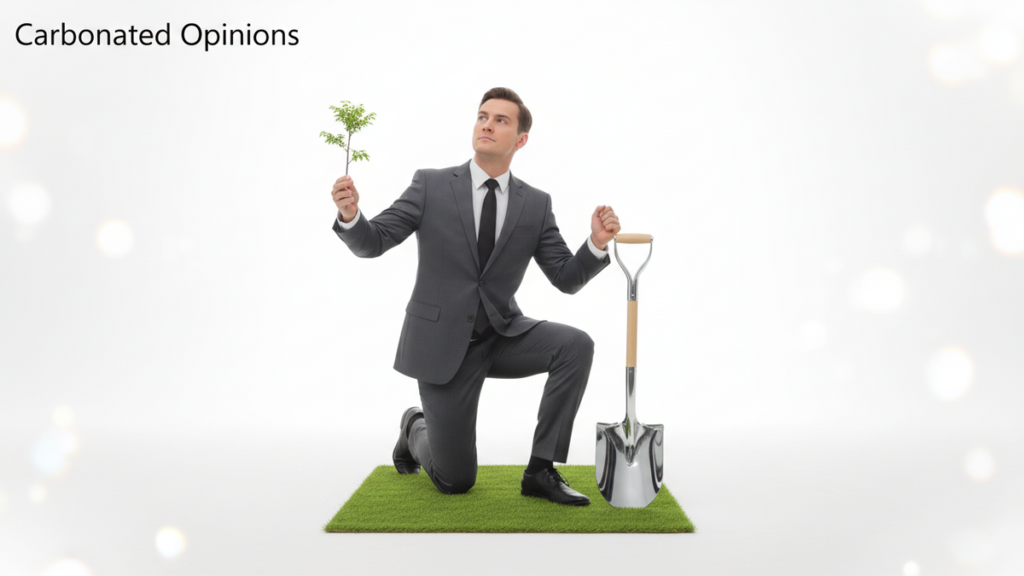 The CEO’s Green Spectacle: One Tree, No Real Strategy A corporate CEO in a business suit kneels on a small patch of grass, theatrically planting a single tiny sapling with an oversized shovel, surrounded by the implied flashes of numerous cameras.
