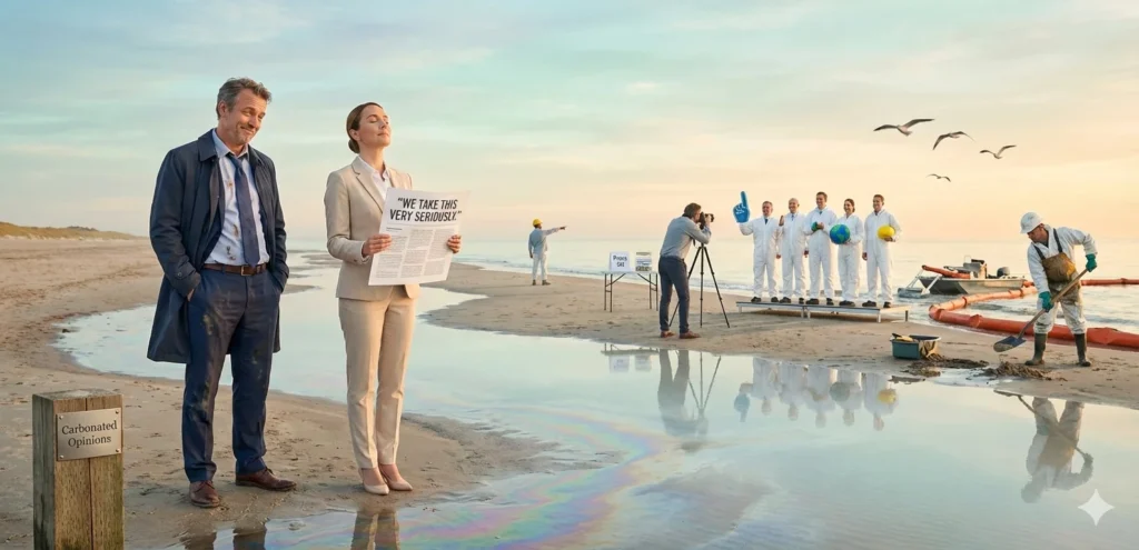 A satirical, photorealistic scene on a beach where a rumpled executive and a PR person holding a "WE TAKE THIS VERY SERIOUSLY" sign stand near an iridescent oil slick. In the background, a group of executives in spotless white coveralls poses for a photo-op while a single, tired worker performs actual cleanup.