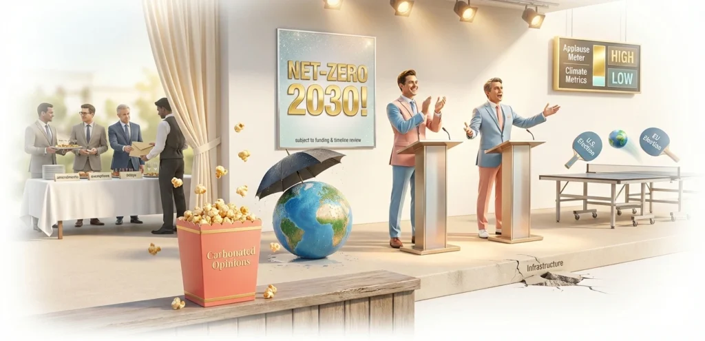 A satirical, photorealistic campaign stage set against a clean white background. Two charismatic politicians in pastel suits gesture at podiums labeled "NET-ZERO 2030!" while a damp inflatable globe sits neglected in the front row. In the background, lobbyists exchange hors d'oeuvres labeled "exemptions" and "delays," and a scoreboard shows a high "Applause Meter" vs. low "Climate Metrics."