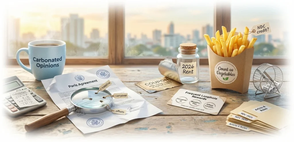 A photorealistic satirical scene on a sunlit cafe table featuring the Paris Agreement contract with literal holes, a takeaway box of fries labeled "Count as Vegetables," and a "Frequent Loophole Rewards" card, representing climate policy complexities.