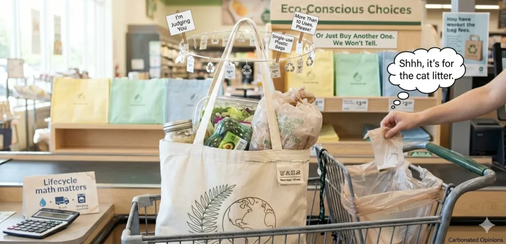 A photorealistic satirical scene of a cotton tote bag in a shopping cart, staged with a halo of price tags and recycled symbols, filled with plastic-wrapped groceries.