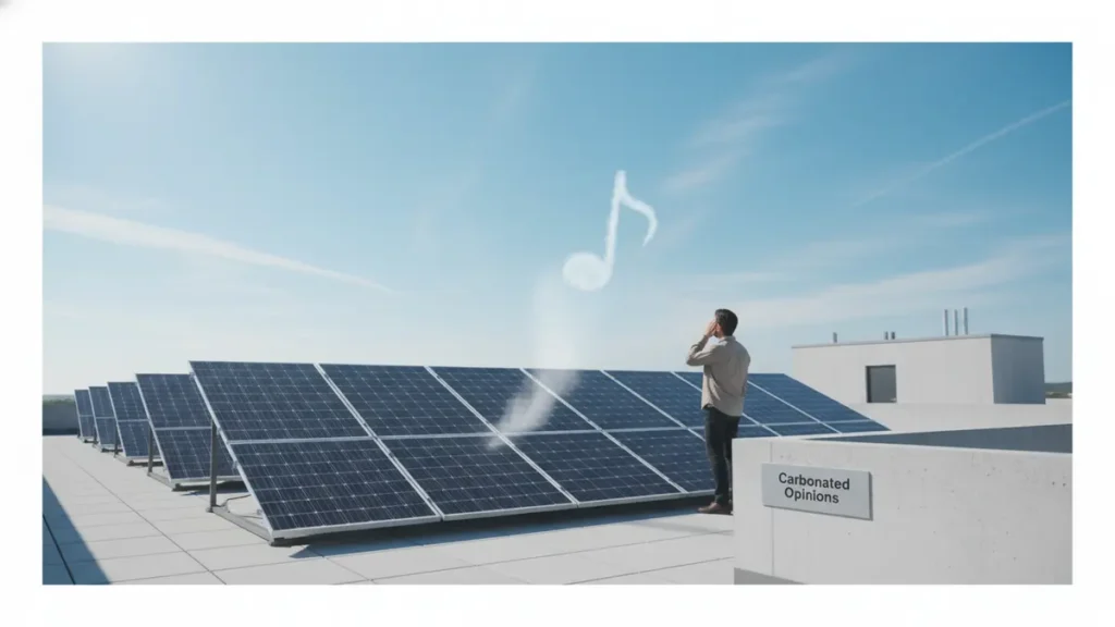 A person on a sunny rooftop listens intently to an array of photorealistic solar panels, one of which subtly emits a faint, translucent musical note representing common operational sounds.