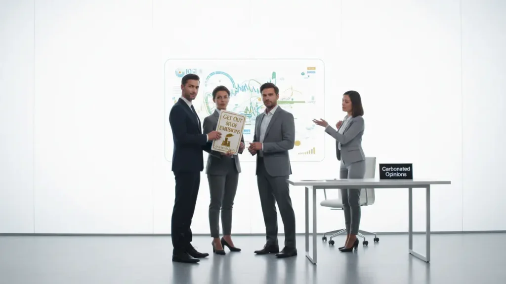 Carbon Credits and Other Political Fan Fiction A businessperson hands an oversized 'Get Out of Emissions Free' card to another person in a bright, modern office, while a third person gestures at complex financial data. The scene subtly satirizes the concept of carbon credits.