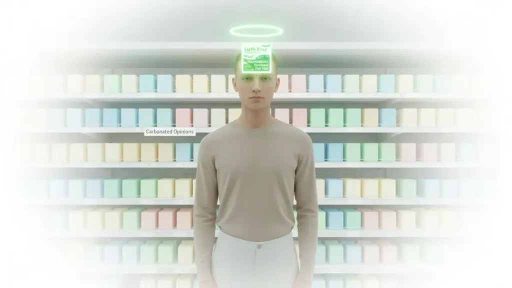 The Green Label That Came from Marketing Hell A glowing eco-label sticker resembling a halo on a neutral person in a bright, sterile supermarket aisle. A subtle sign for 'Carbonated Opinions' is visible on a shelf in the background. The image satirizes misleading environmental marketing claims.