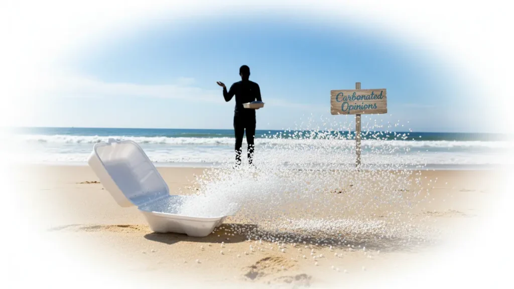 A split-open white Styrofoam takeout container overflowing with tiny white polystyrene beads on a sunny beach, observed by a silhouetted figure holding a reusable container.