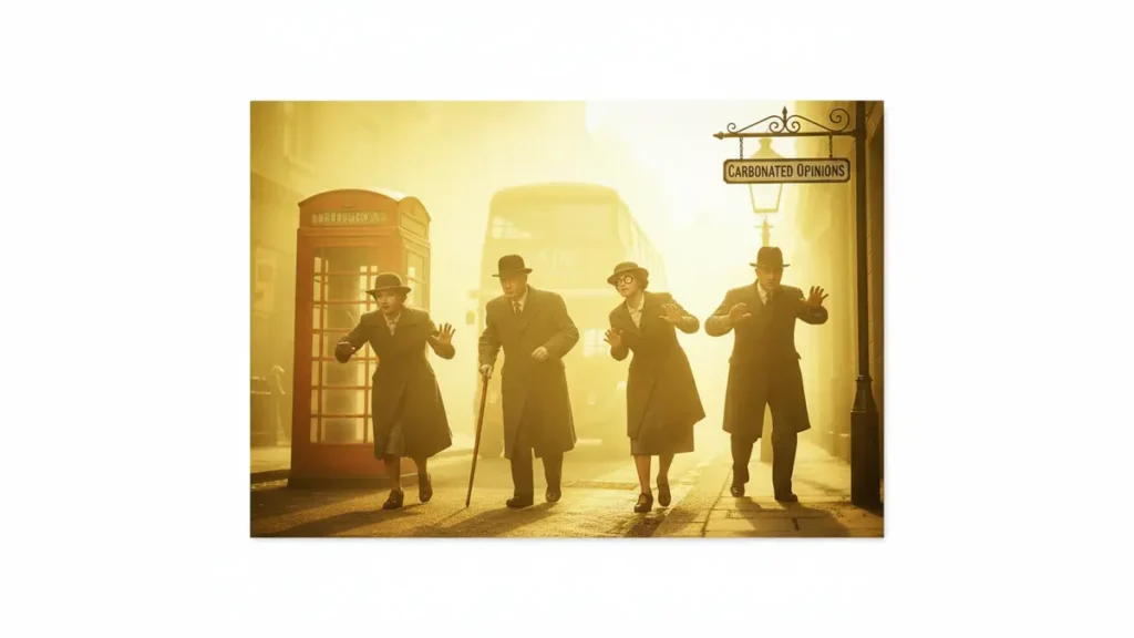 Luminous golden-yellow smog engulfs a historic London street in 1952, with neutral pedestrians navigating cautiously through the thick, glowing haze. A vintage red phone booth and double-decker bus are partially visible, blending into a white background.
