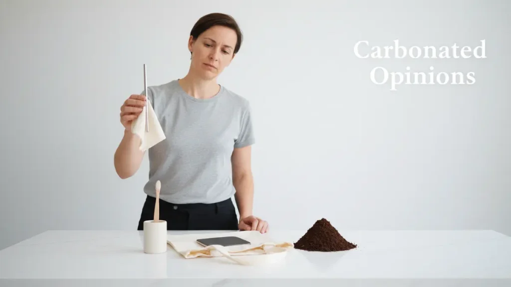 A person meticulously polishes a metal straw on a bright white kitchen counter, surrounded by a perfect bamboo toothbrush, a folded canvas tote bag, and a small compost pile, satirizing performative eco-habits.