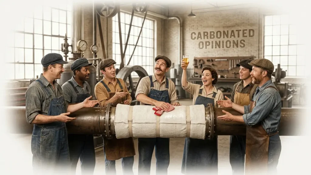 Early 20th-century factory workers proudly display new asbestos insulation, celebrating what was once considered a miracle material for fireproofing and progress.