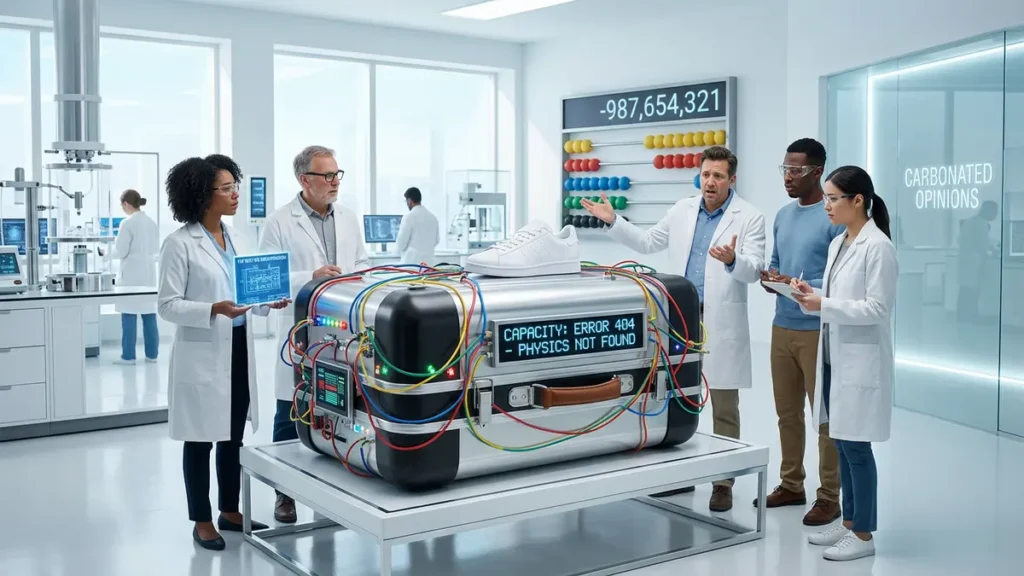 Battery Storage: Waiting for the Breakthrough A diverse group of people in a bright, minimalist setting comically interact with an absurdly large, suitcase-shaped battery displaying a physics error, with an oversized abacus showing impossible calculations, satirizing the unrealistic expectations for energy storage technology.