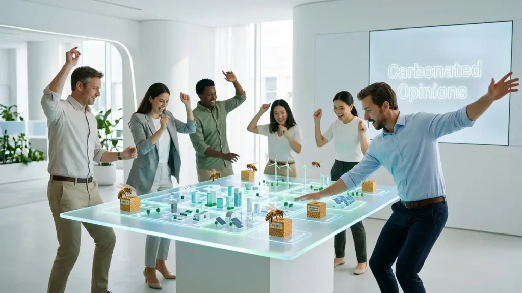Bees That Vote and Other Democratic Insects A diverse group of people comically perform exaggerated 'waggle dances' around a glowing smart grid model in a modern, bright office, as real honeybees observe tiny honeycomb ballot boxes.