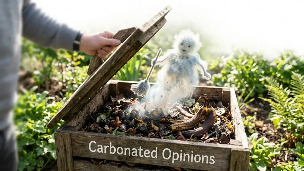 Photorealistic image of a compost bin with a whimsical, luminous plume of white and blue mold forming a janitor-like figure holding a tiny mop. An overripe banana peel is visible, and the text 'Carbonated Opinions' is on the bin. Bright, airy lighting.