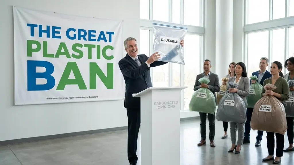 Politician on stage proudly displaying an absurdly thick 'reusable' plastic bag, framed by a banner announcing a plastic ban with tiny, ironic footnotes, surrounded by other oversized plastic bags, all within a brightly lit, satirical scene.
