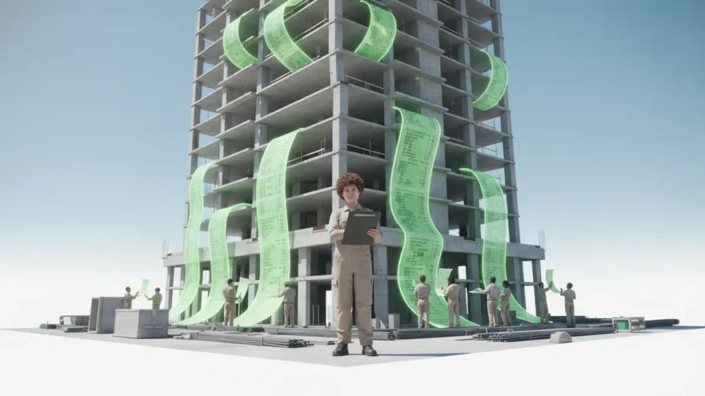 Photorealistic image depicting a satirical scene where diverse, unidentifiable individuals in neutral work attire are meticulously filling out enormous, glowing green carbon emission receipts that are visibly emerging from the concrete structure of a modern skyscraper under construction. A large clipboard subtly displaying 'Carbonated Opinions' is also visible.