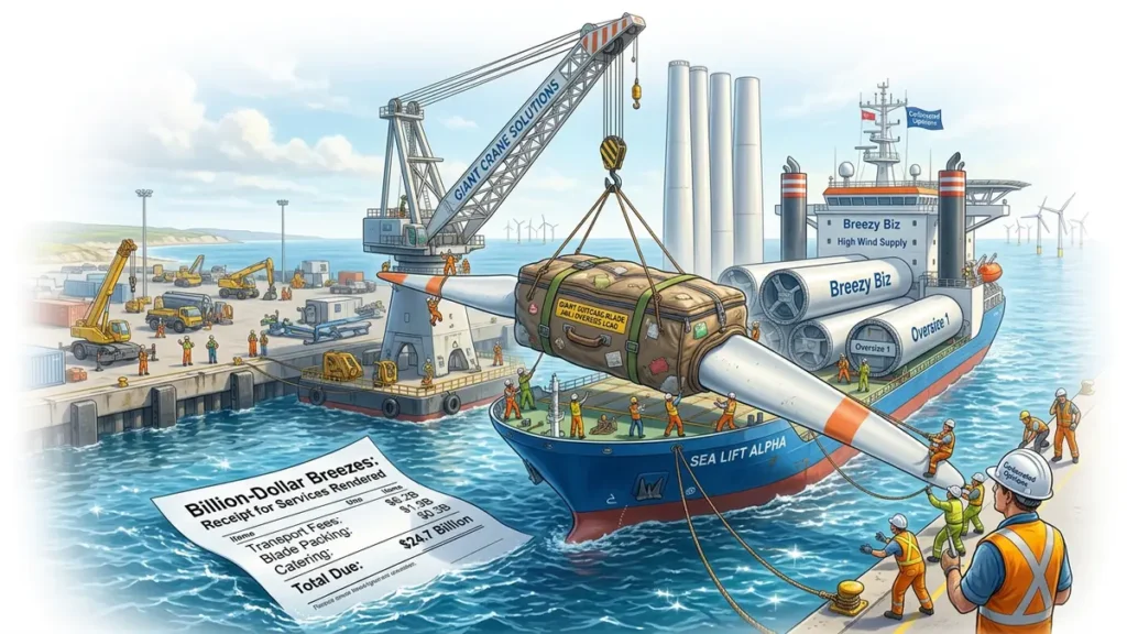 Gigantic offshore wind turbine components being loaded onto a specialized vessel, with an oversized invoice floating on the ocean, symbolizing the complex logistics and high costs of wind energy projects.