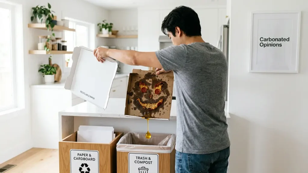 A person separating a clean pizza box lid for recycling from a heavily grease-stained bottom panel destined for trash or compost, illustrating the practical challenges of pizza box recycling. The text 'Carbonated Opinions' is visible in the background.