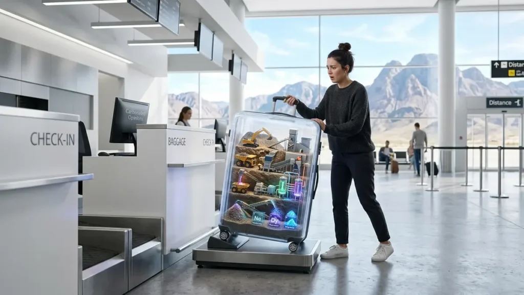Rare Earths and the Clean Tech Supply Race A person struggles to check in an enormous transparent carry-on suitcase at a minimalist airport desk. Inside, a miniature rare earth mining and refining operation is visible, contrasting with the sleek environment.